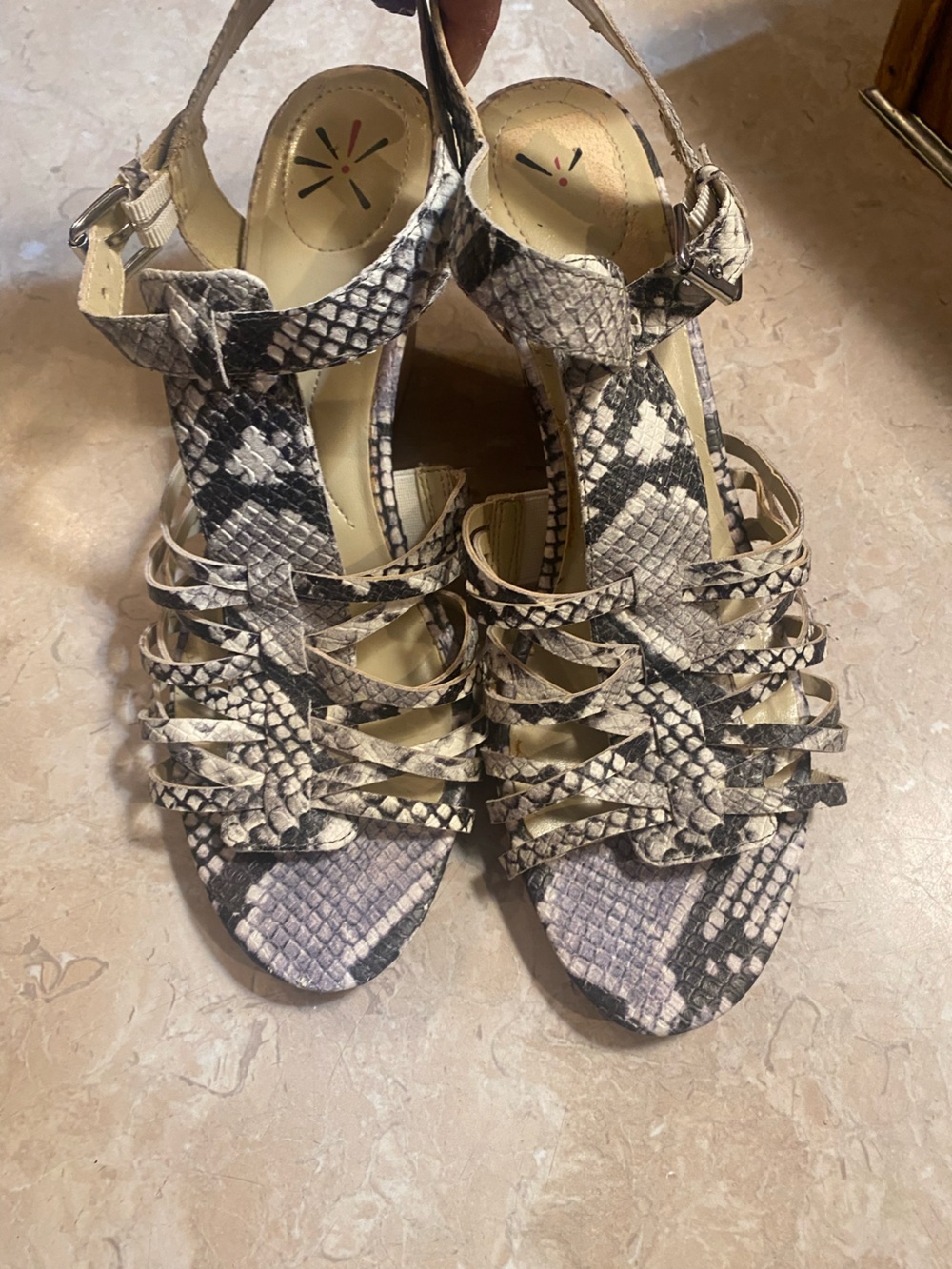 Isaac Mizrahi Snakeskin Strappy Sandals - Beige & Black